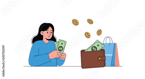 Young woman counting cash next to an open wallet and shopping bags while coins fall into the wallet from above.