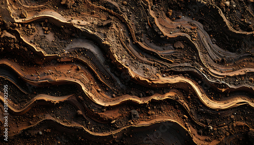 abstract textured wavy background in warm brown and gold tones, rippling layers with granular detail and shimmering light, organic movement and rich surface