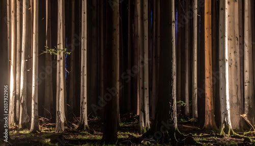 Abstract view of a dark forest at night with illuminated tree trunks and a few small lights, creating a mysterious and magical atmosphere.