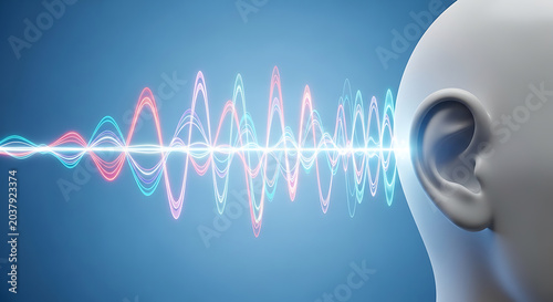 Human ear and sound wave illustration with colorful light trails on blue backdrop