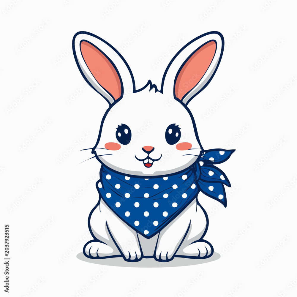 Fototapeta premium Cute White Rabbit Wearing a Blue Polka Dot Bandana