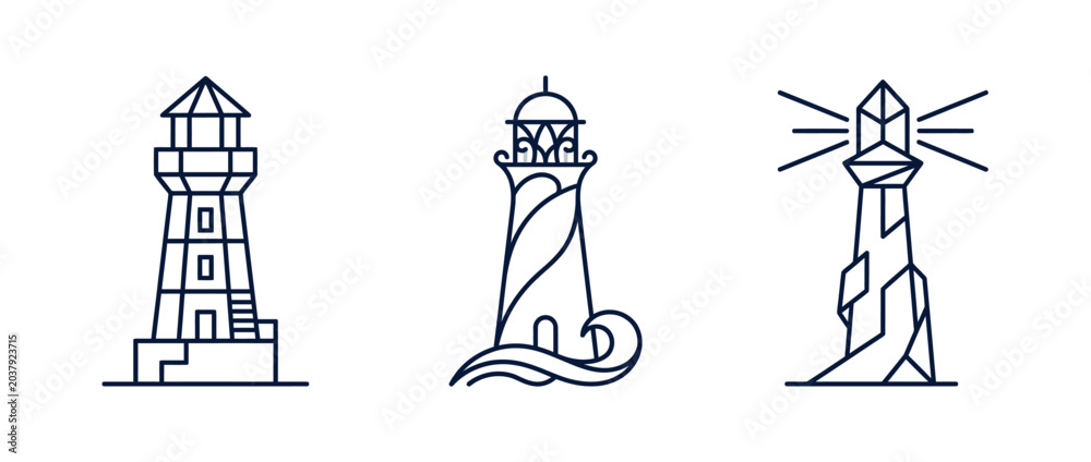 Fototapeta premium Minimalist lighthouse designs in a line art style on a clean white background