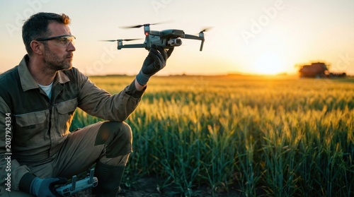 Man controls a drone in a field at sunset while wearing safety glasses and gloves. The sun sets behind the crops