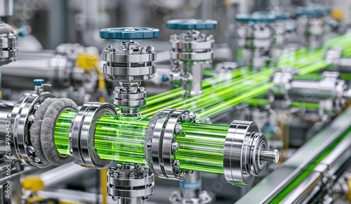 Green Liquid Flowing Through Industrial Machinery