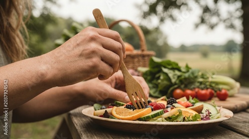 A person sits at a wooden table, eating a salad made of fresh vegetables and fruits. A basket of produce sits nearby