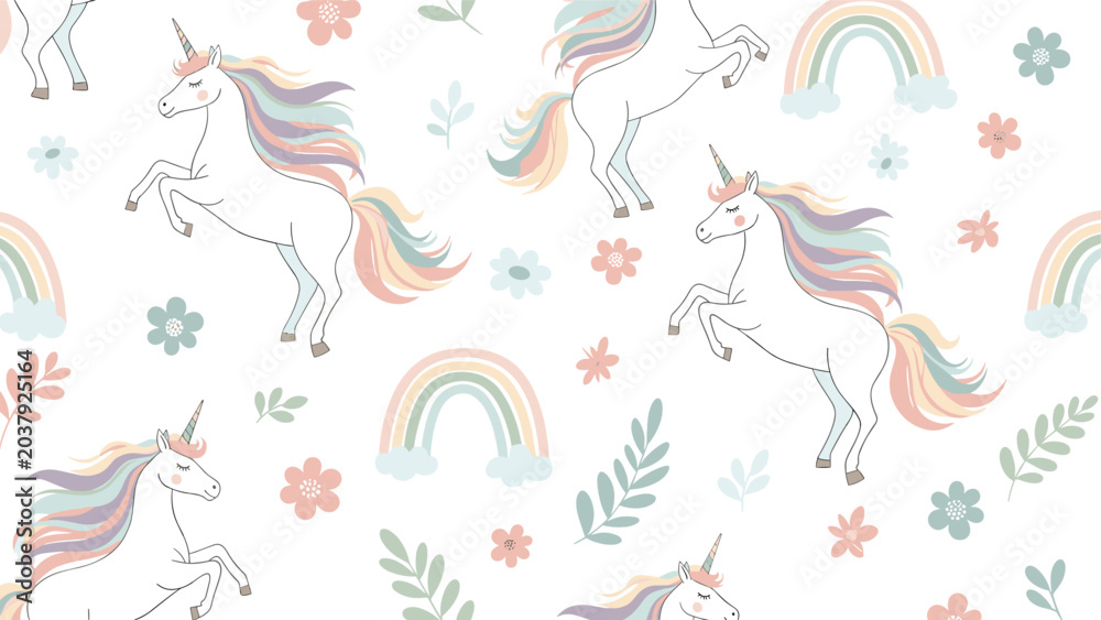 Obraz premium Whimsical seamless pattern featuring white unicorns colorful rainbows flowers and green leaves on a white background.