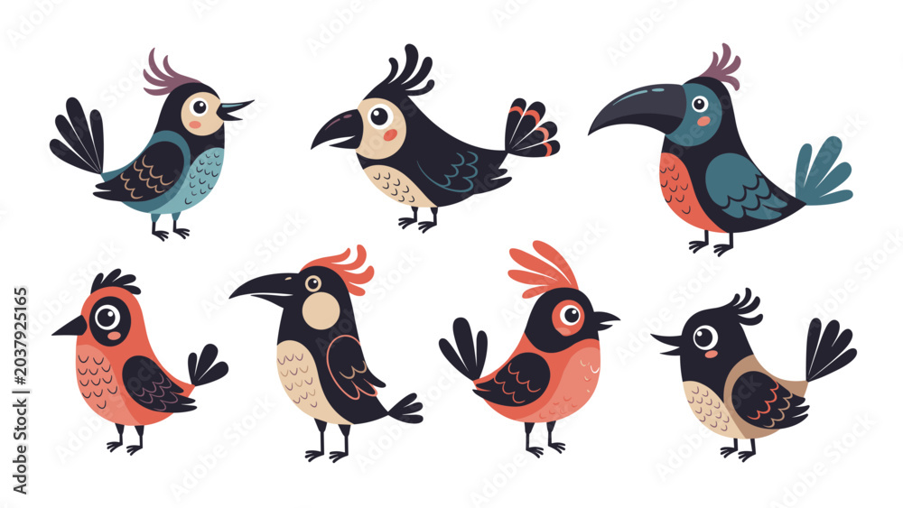 Obraz premium Set of colorful and stylized cartoon birds with expressive features in various poses on a clean white background.