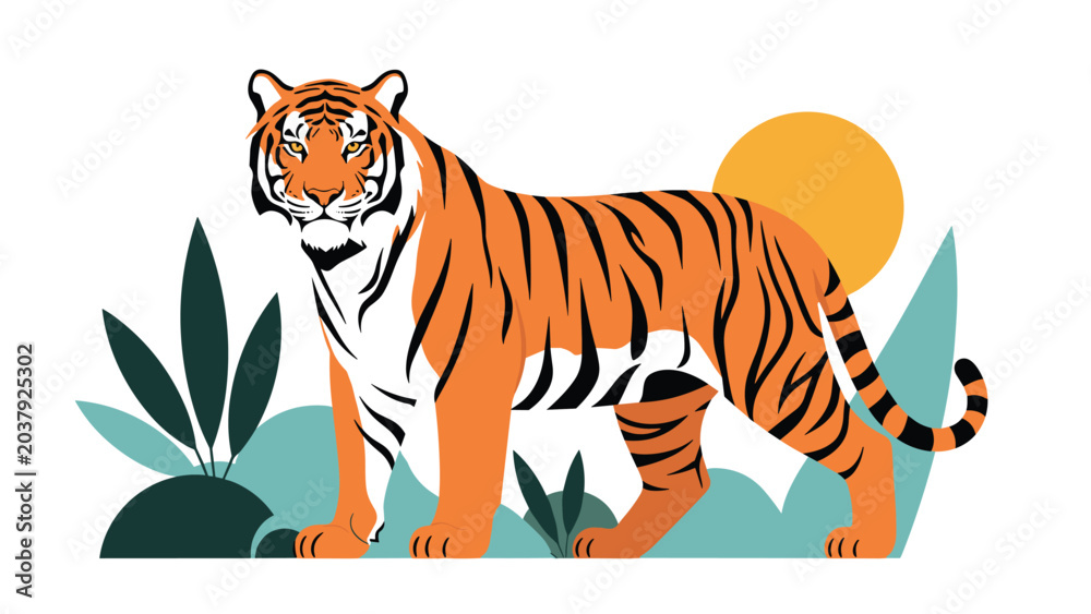 Fototapeta premium Majestic tiger standing in a landscape with green plants and a large yellow sun in the background.