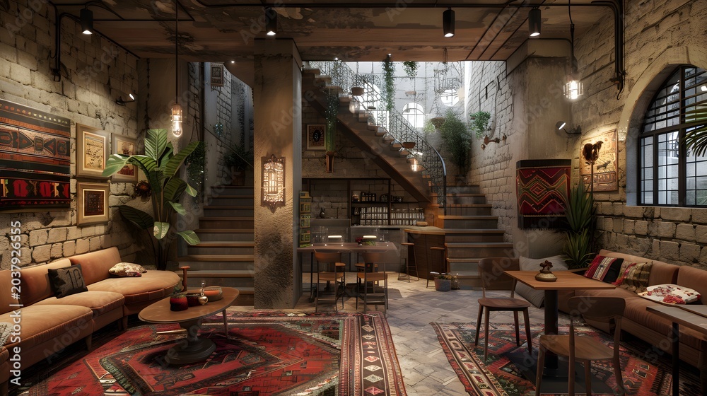 Obraz premium A rustic interior lounge featuring comfortable orange velvet sofas, patterned area rugs, wooden tables, and soft warm ambient lighting fixtures