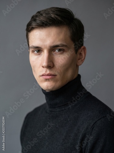 Young man in black turtleneck sweater posing confidently against neutral background