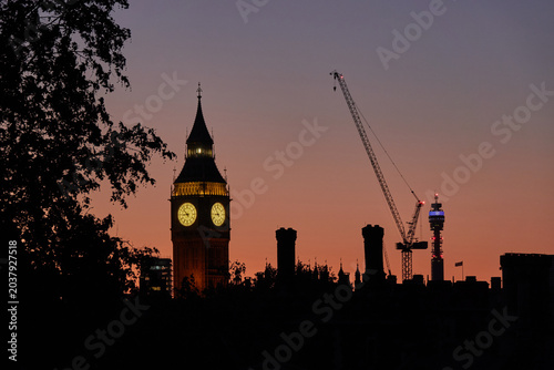 London skyline with Big Ben silhouette at sunset