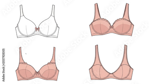 Tableau sur toile Four illustrations of women's lingerie bras are shown in different colors and designs