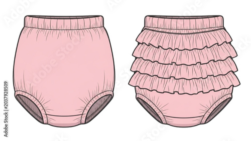 Photos Baby girl wears pink ruffled bloomers and plain diaper cover illustration