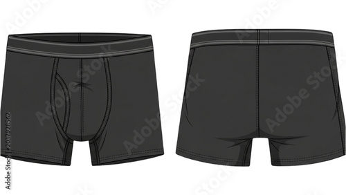 Fotografía Two pairs of black athletic shorts are shown from front and back views