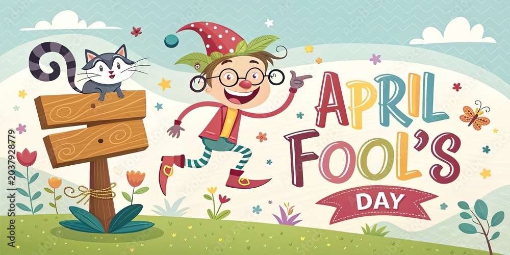 Fototapeta premium April Fools Day festive banner with clown hats magic tricks and playful holiday decorations