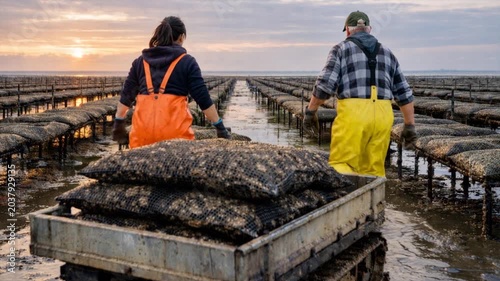 Workers collecting oysters on a coastal farm