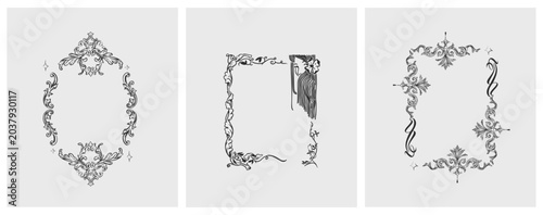 Hand drawn vector abstract outline,graphic,line vintage celebration ornament art nouveau frames set in drawing elegant style.Elegant decoration vintage outline design isolated. Floral ornament border
