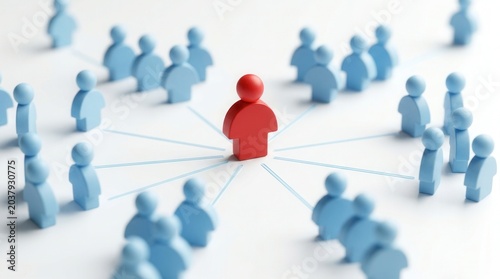 A single red influential person connected to blue person shape blocks in a network structure.