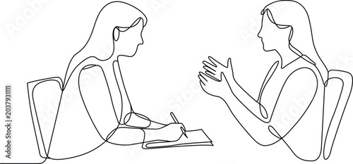 Two women talking during a business meeting line art