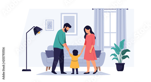 Young family with a small child standing in their living room, holding hands and sharing a tender moment together at home.