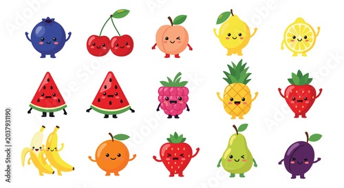 Collection of adorable fruit characters with cute faces including berries, citrus, melons, and tropical fruits in a playful style.