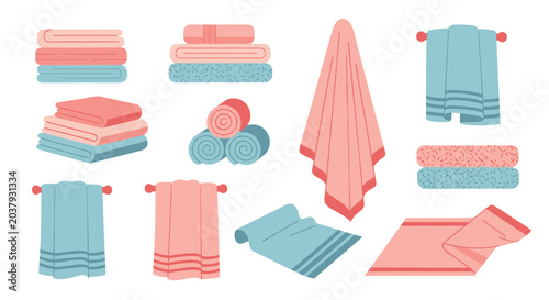 Assorted collection of pink and blue bathroom towels shown in various states including folded, rolled, hanging on racks, and laid flat.