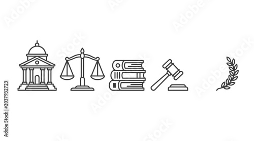 Tableau sur toile Set of law and justice thin line icons featuring court building scales of justice law books judge gavel and laurel branch