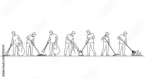 Tableau sur toile Set of line art people cleaning up and gathering litter in a park