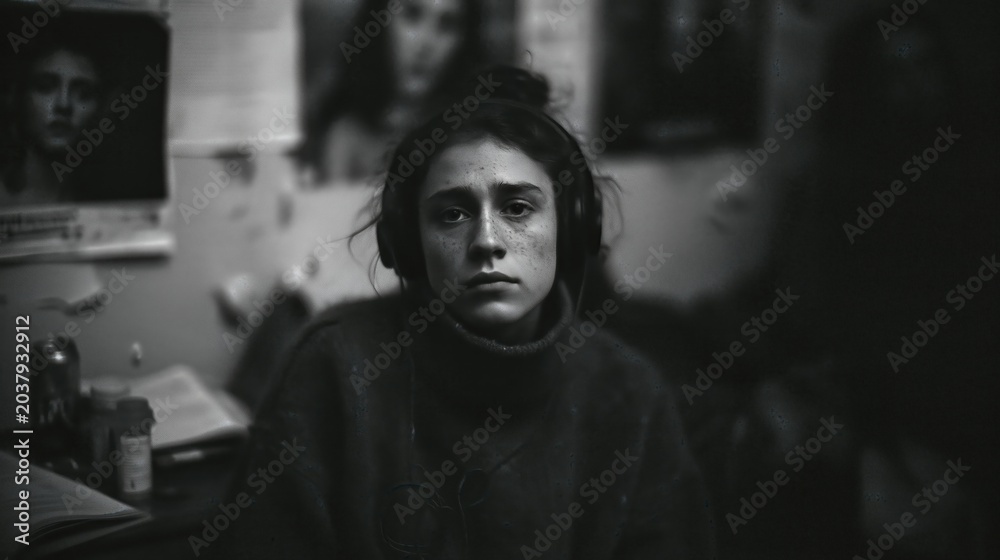 Obraz premium Sad woman in headphones sitting in dim room. Portrait of lonely girl expressing sorrow and isolation. Documentary black and white scene depicting depressive mood and melancholy emotion.