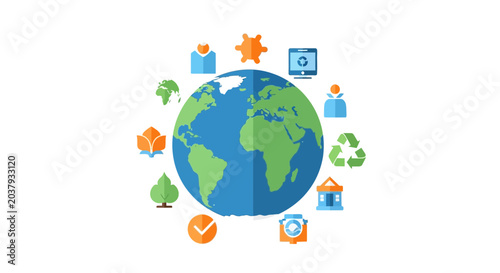 Konstfotografi Global Sustainability Icons Around Earth Globe - Eco-Friendly Concept