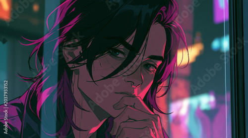 dark-haired person pondering at night in neon cityscape 