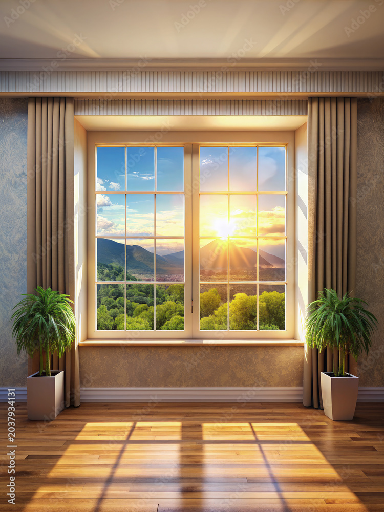 Fototapeta premium Room With Large Window and Potted Plants