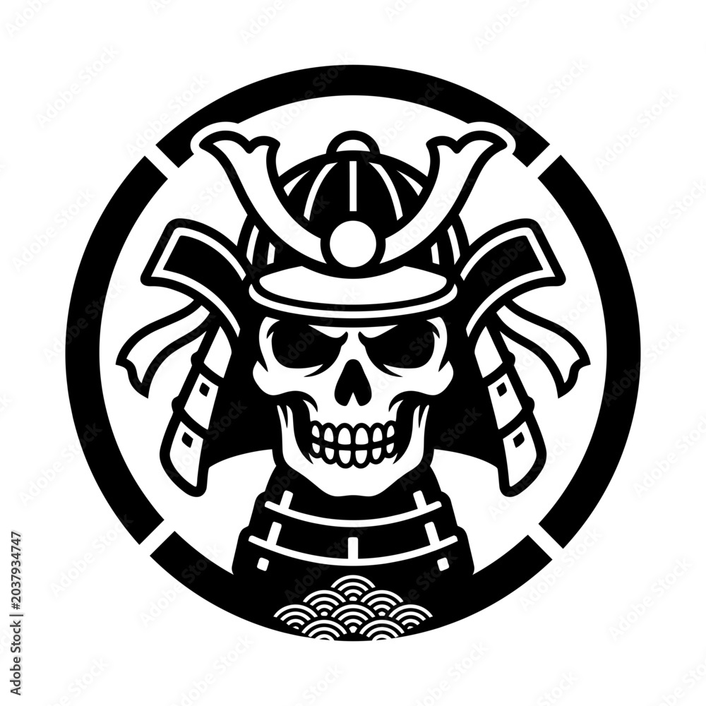 Fototapeta premium Samurai skull in circular crest emblem