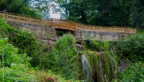 Konstfotografi « Cascade discrète sous une passerelle en bois au cœur d’une nature luxuriante »