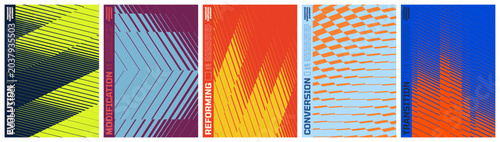 Abstract vector poster set with linear gradients and geometric distortion patterns, Minimalist halftone artwork visual transformation and dynamic motion ornament with transition effect, kit 4