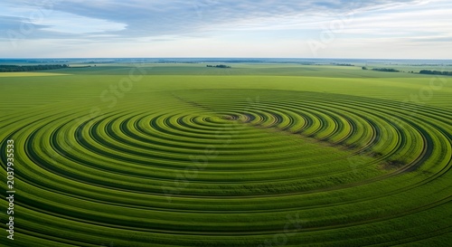 Aerial view of a large green field with circular crop patterns under a blue sky