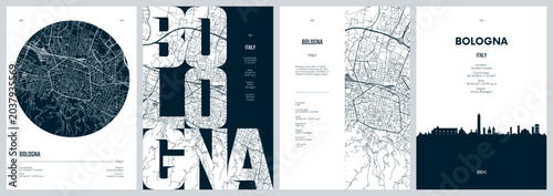 Foto Set of travel posters design with street plan Bologna, Emilia-Romagna region in