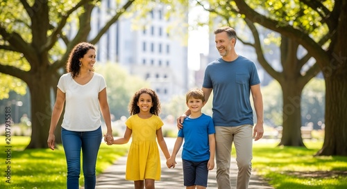 A happy diverse family of four people walks together holding hands while smiling during a beautiful sunny day outdoors together