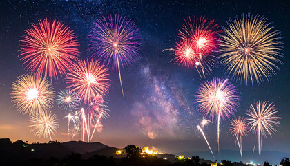 Colorful fireworks exploding in the night sky above a silhouetted landscape with the Milky Way visible, celebrating a special occasion