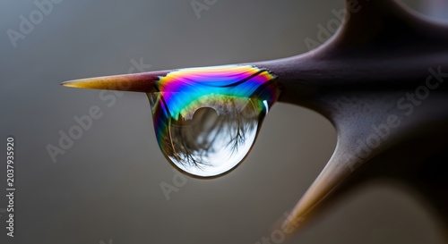 Rainbow colored water droplet on a dark leaf tip with blurred background
