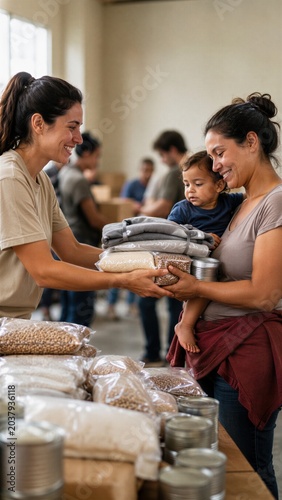 Volunteer woman giving food supplies to a woman with a child in a donation center. Charity and humanitarian aid for impoverished families. Social support, kindness and community care.