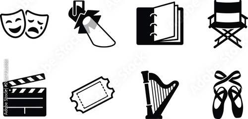 Bild auf Leinwand Cinema Theater and Performing Arts Vector Icon Set, comedy mask ticket clapperbo
