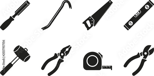 Photos Carpentry and Repair Tools Vector Icon Set, chisel crowbar saw level pliers mall