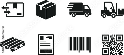 Bild auf Leinwand Logistics Shipping and Warehouse Operations Vector Icon Set, pallet package deli