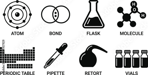 Fotografi Chemistry and Molecular Structure Vector Icon Set, atom bond flask molecule peri