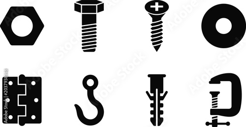 Fotografie Mechanical Fasteners and Industrial Hardware Vector Icon Collection, nut bolt sc