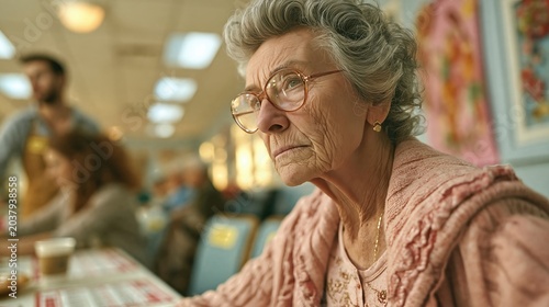 Elderly woman sitting alone in cafe. Sad senior person looking away feeling lonely and neglected. Aging process and social isolation concept for mental health and elderly care support.