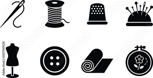 Tableau sur toile Sewing and Tailoring Equipment Vector Icon Set, needle thread spool thimble butt