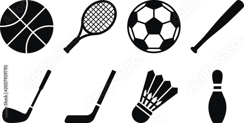 Φωτογραφία Sports Equipment and Athletic Games Vector Icon Collection, basketball tennis ra