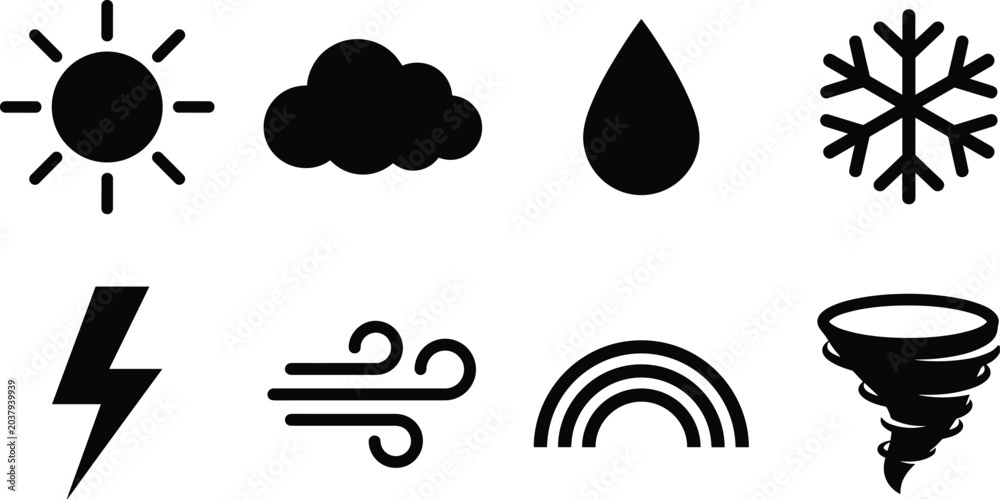 Fototapeta premium Natural Elements and Weather Phenomena Vector Icon Collection, sun cloud raindrop snowflake lightning rainbow wind tornado and atmospheric condition symbols